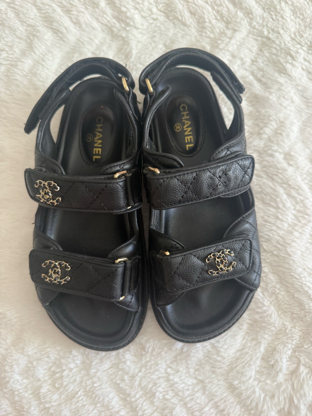 CHANEL Black Quilted Leather Sandals with Gold CC Accents